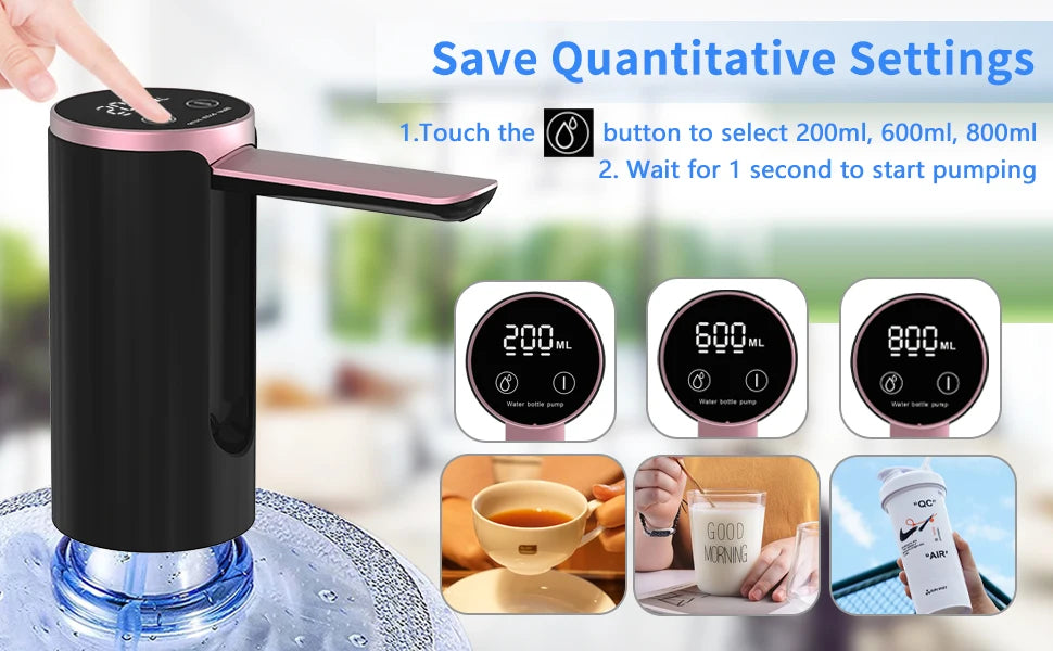 Water Dispenser for 2-5 Gallon Bottle, LED Display Touch Button 3 Quantitative Drinking Water Pump,Type C Charging Water Pump